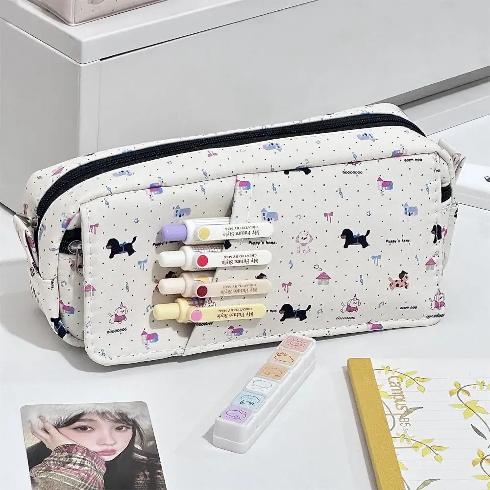 Bolsa para bolígrafos de perro salchicha de dibujos animados, bolsa de papelería multicapa de gran capacidad, estuche de lápices portátil con diseño abatible para volver a la escuela