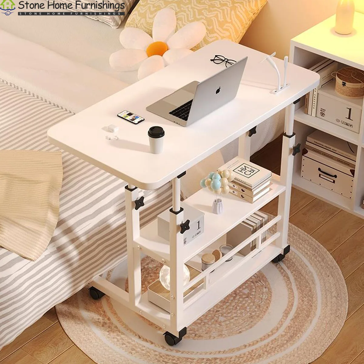 Simple Double-Layer Small Office Desk Adjustable Height Side Mobile Workbenchmobile Laptop Computer Standing Bedside Home Desk