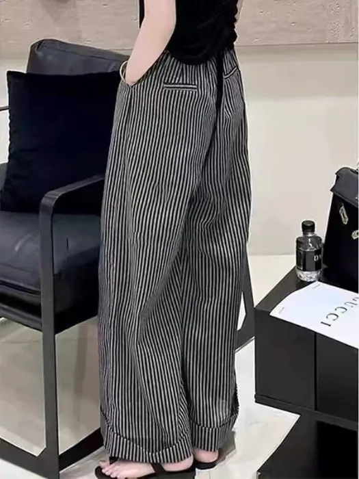 

Spring Summer plus Size Women's Loose Wide Leg Pants Slimming Casual Long Trousers Thin Stripe Pattern Comfortable Fit