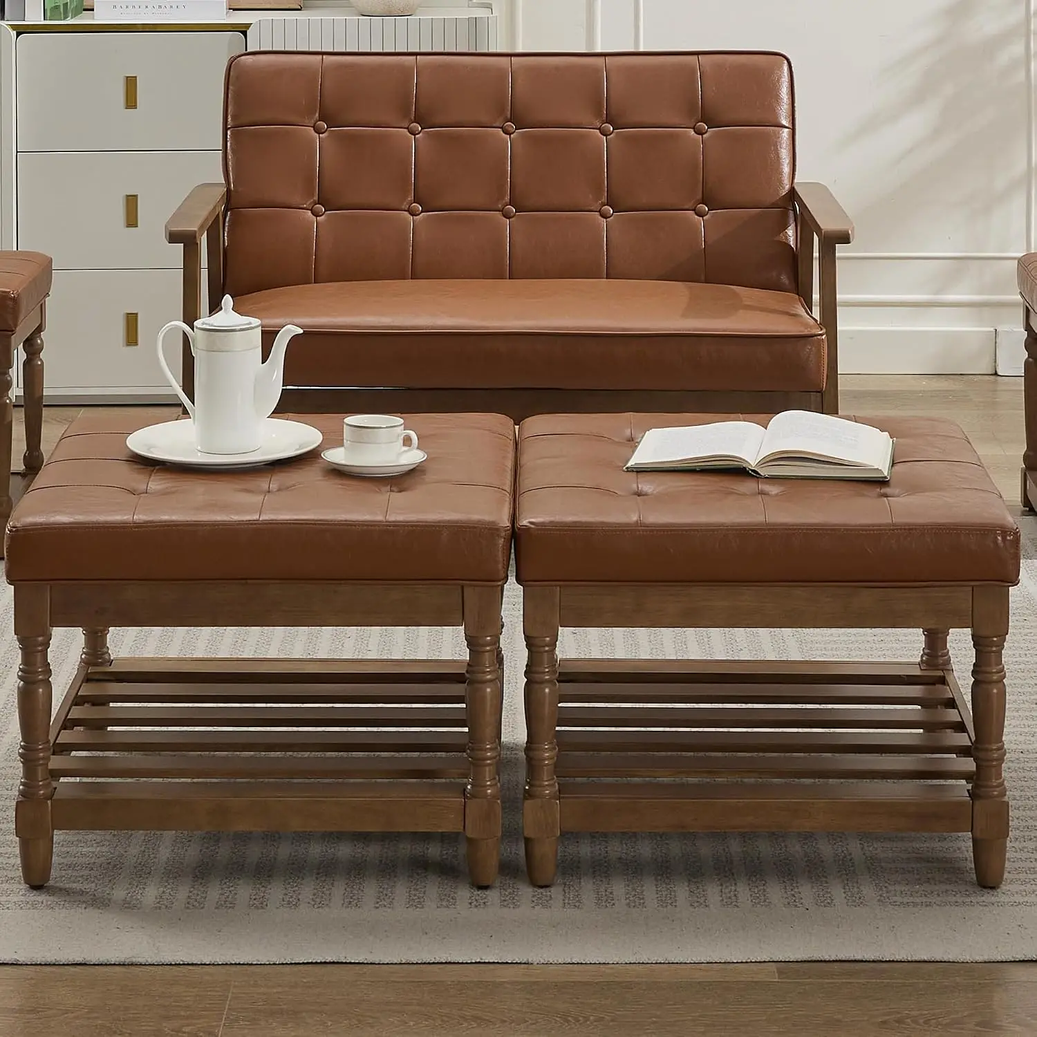 Leather Ottoman Set 2, Square Upholstered Storage Foot Rest, Mid Century Modern Wood Frame Living Room, Customized