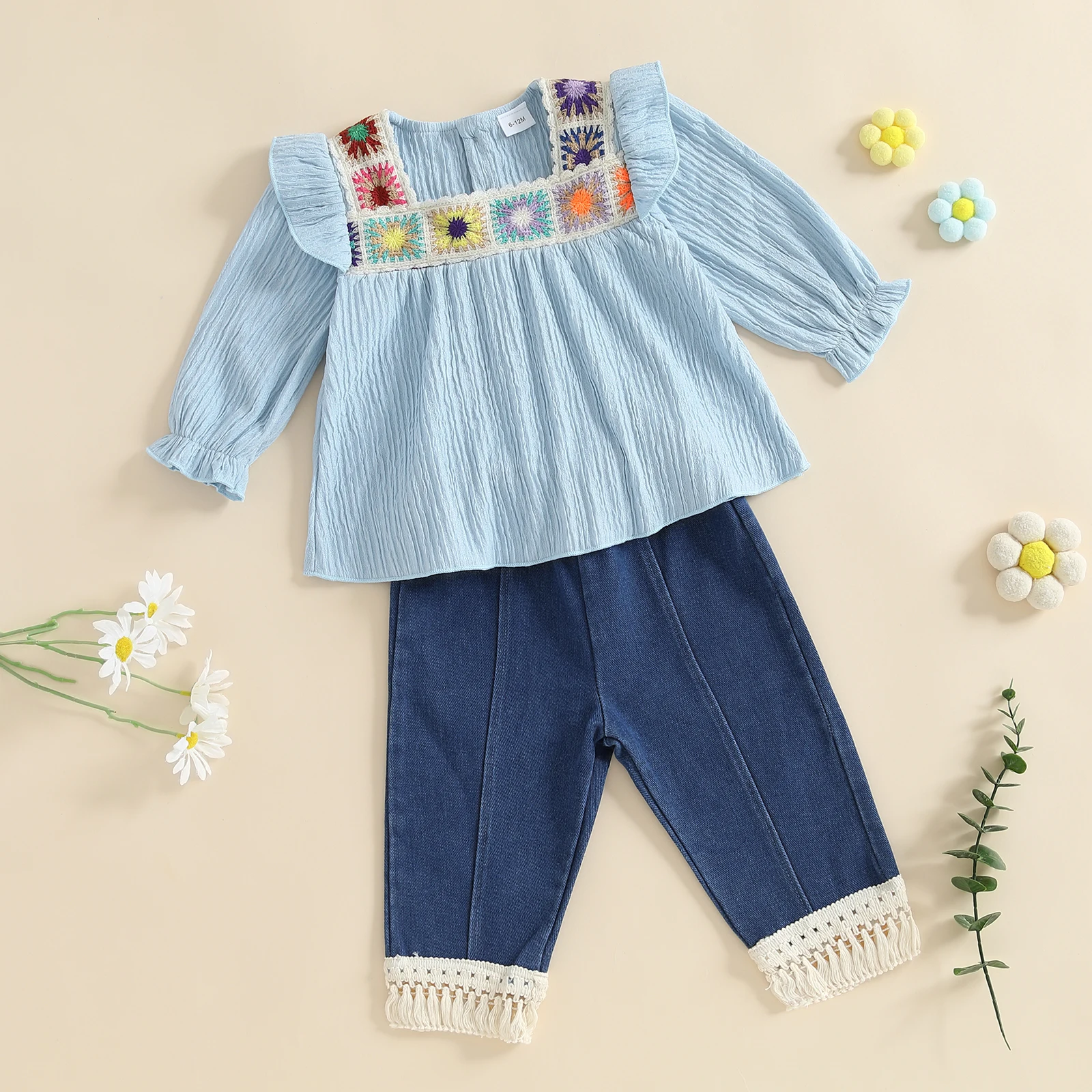 

Fashion Baby Girl 2Pcs Denim Pants Clothes Children Fall Bohemian Long Sleeve Floral Tops + Long Pants Set Toddler Clothes