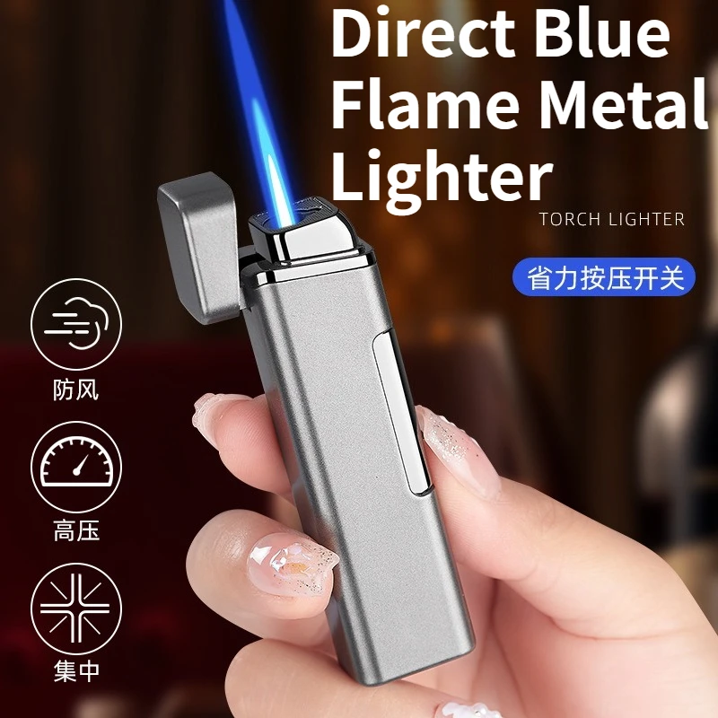 

New Inflatable Windproof Straight Blue Flame Lighter with One Click Ignition Metal Brushed Men's Gift Cigarette Accessories