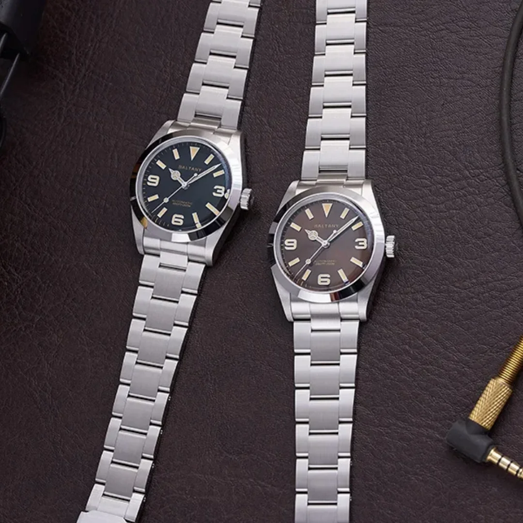 Baltany Vintage Explorer Homage Casual Chic ผู้ชายอัตโนมัตินาฬิกาสแตนเลส 36 มม.กันน้ํานาฬิกาข้อมือส่องสว่าง