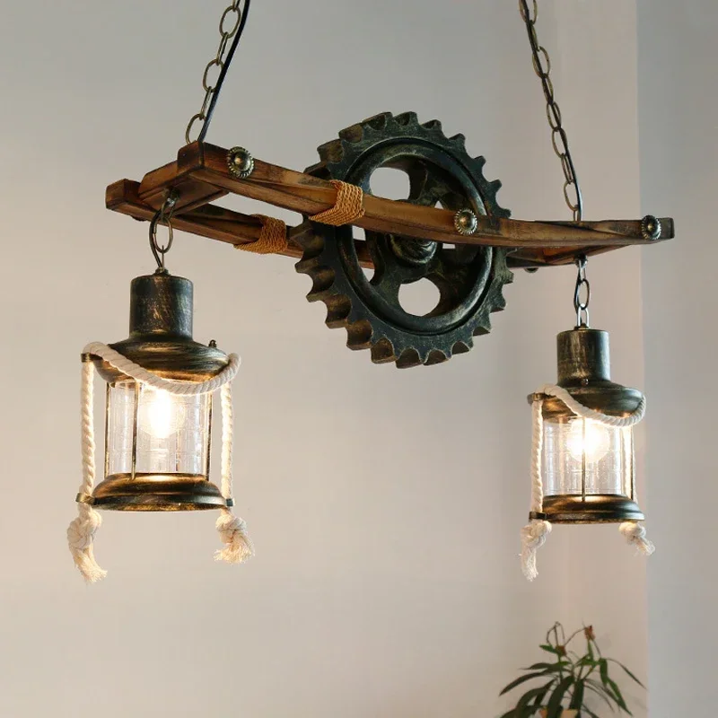 American Light Design Vintage Chandelier Retro Cafe Bar Restaurant Wooden Loft Pendant Lamp Gear Industrial Hanging Glass Light