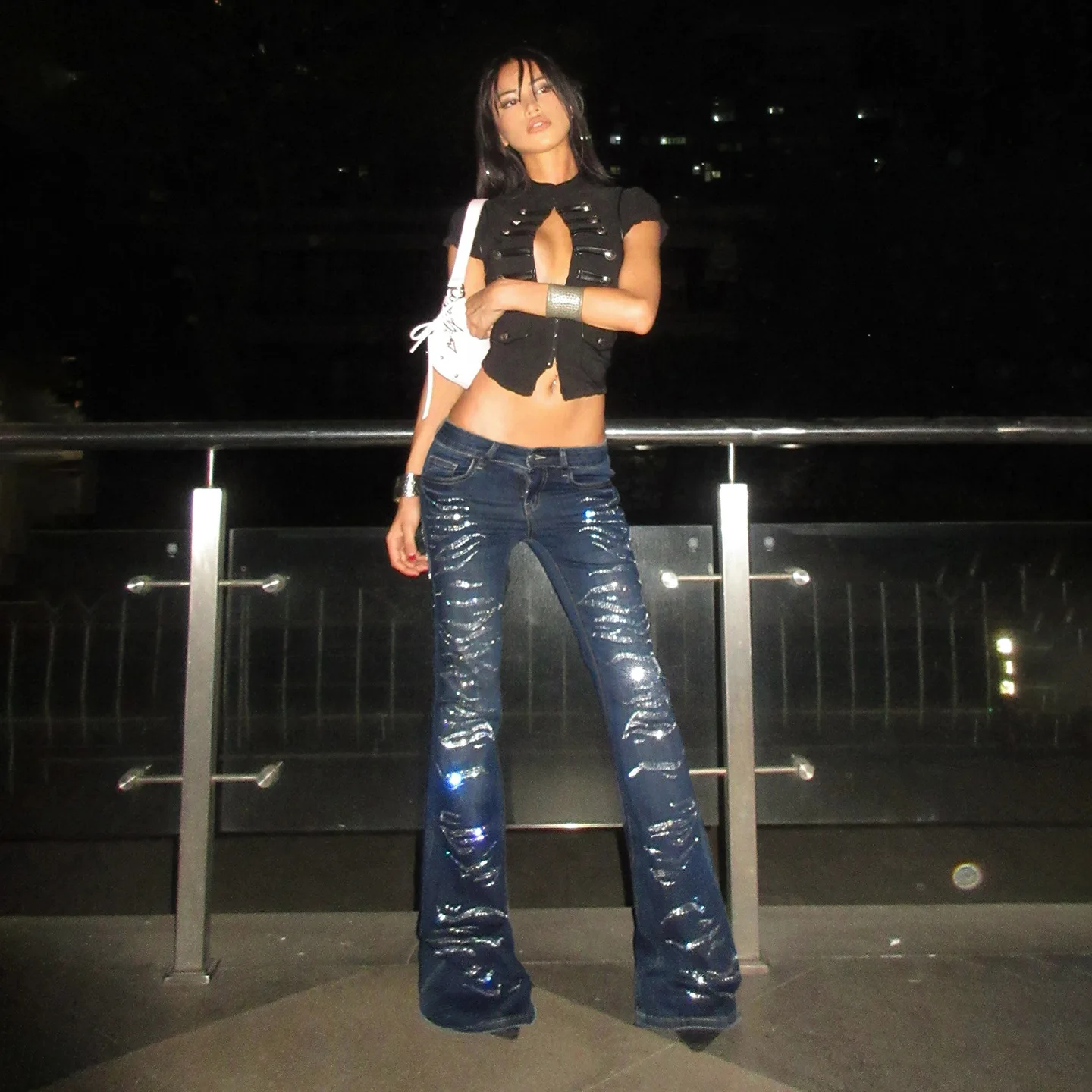 American-style street fashion diamond-studded low-waist denim pants for women slim-fitting and slimming slightly flared Pants