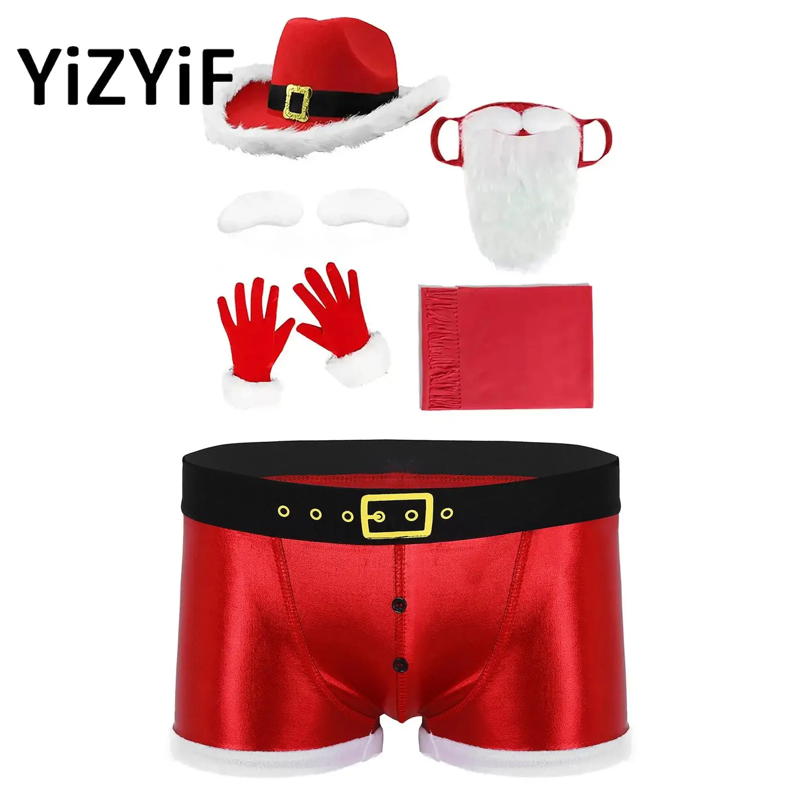 Men Christmas Costume Sets Patent Leather Printed Belt Pattern Underwear with Hat Eyebrows Beard Gloves Scarf Props Set