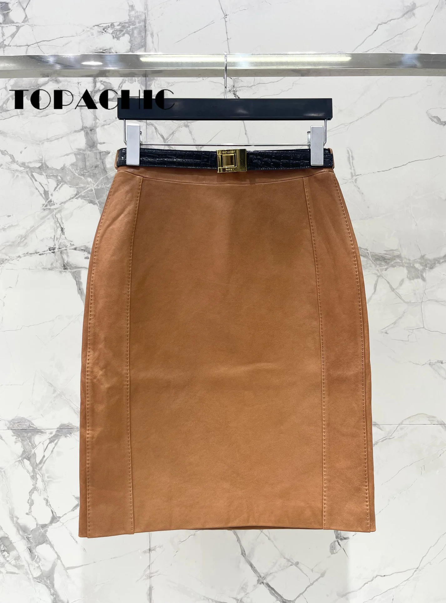 8.4 TOPACHIC-Women\'s High Quality Stitched Genuine Leather Skirt With Gold Belt Fashion All-matches Sheepskin A-Line Skirt