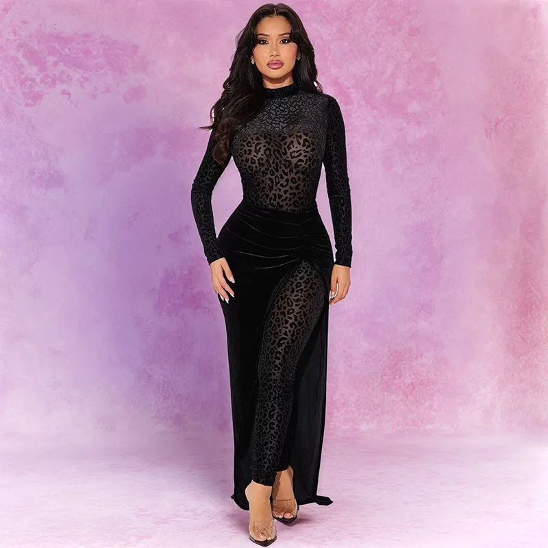 

Doyerl Velour Leopard Jumpsuit Woman Long Sleeve Skinny Sheer Stretchy Party Night Club Outfits One Piece Romper with Skirt