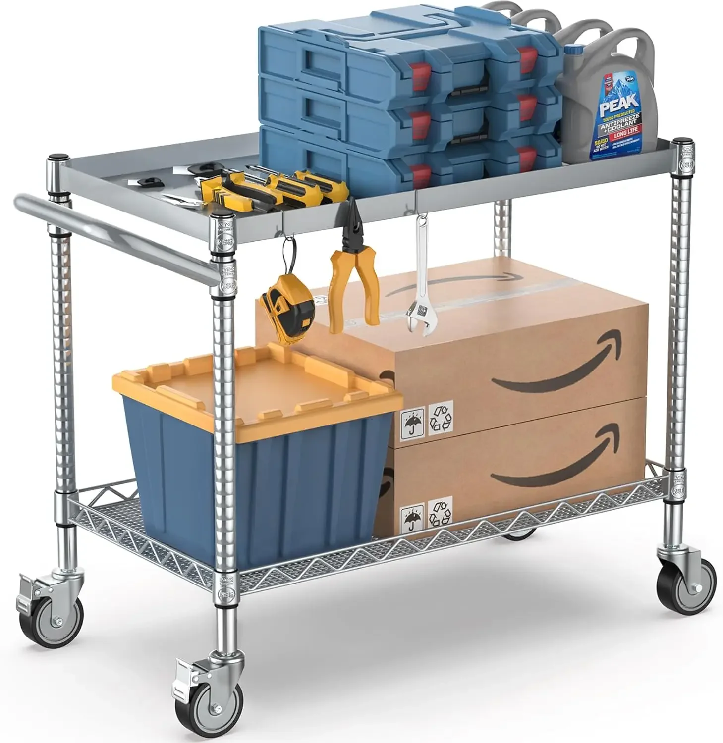 2 Tier Utility Tool Cart with Wheels, 900LBS Capacity Heavy Duty Rolling Utility Carts with Handle, Commercial Grade