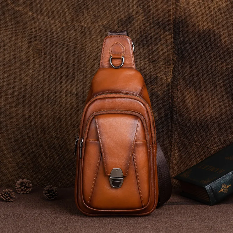 OYIXINGER New Genuine Leather Men\'s Chest Bag Retro Cowhide Solid Messenger Shoulder Bag Versatile Fashion Outdoor Crossover Bag