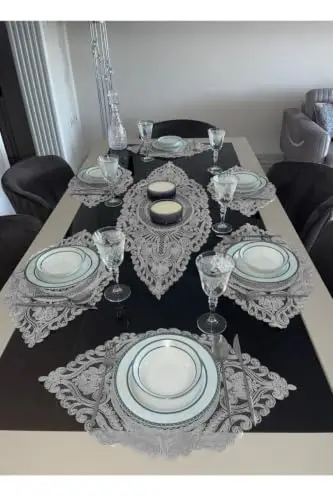 Table Runner Set 7 Pieces Rectangular Placemats 15.7 x 37.4 in and 1 Runner 15.7 x 37.4 in for Dining Table Modern Gray