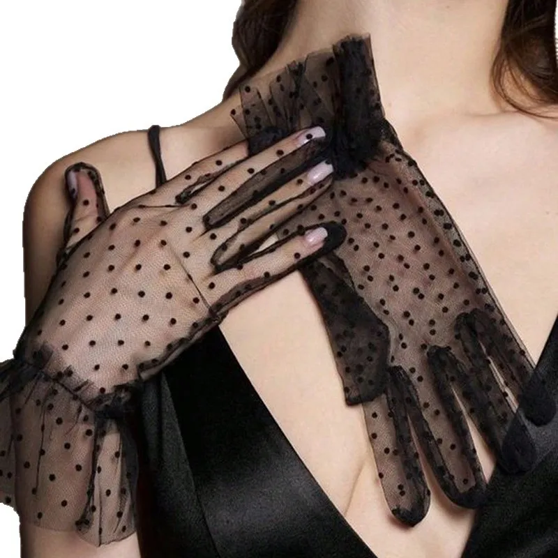 Fashion Mesh Gauze Ultra Thin Women Gloves Short Lace Tulle Transparent Black White Polka Dot Loose Mittens Full Finger Gloves