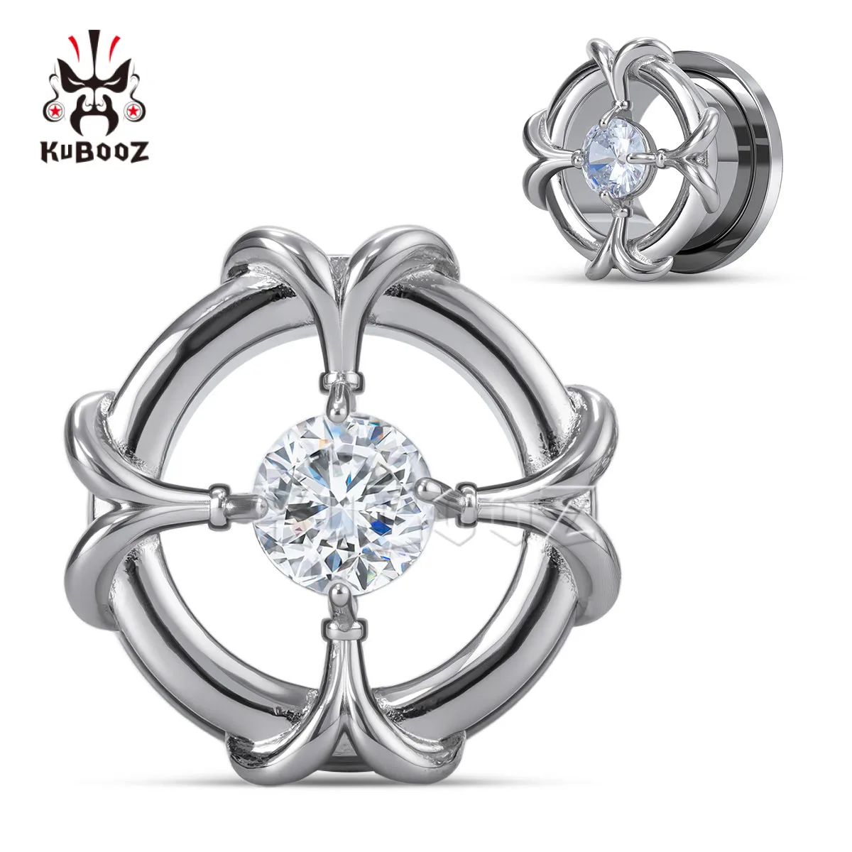 KUBOOZ Luxury Crystal Flower Ear Tunnel Plugs Gauge Expander Hollow Stainless Steel Ear Stretcher Body Piercing Jewelry