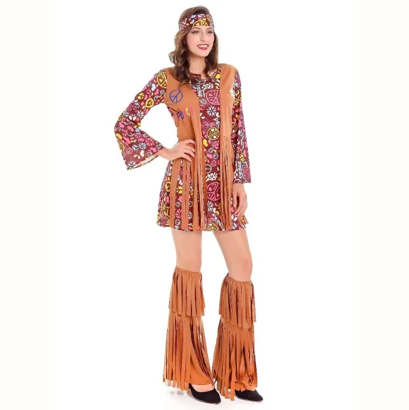 Cosplay Indian Tassels Costumes Set Women's Peace Love Hippie Christmas 1960s Stage Performance Halloween Dress Up Outfits Party