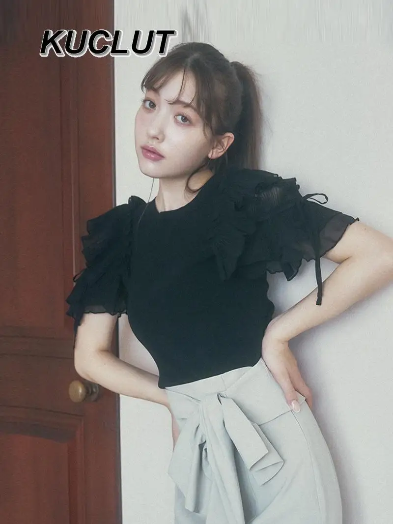 

Spring Summer New Products Ice Silk Knitted T-shirt Lotus Leaf Fungus Edge Off-Shoulder Tee Fashion Short Sleeve Top Femme