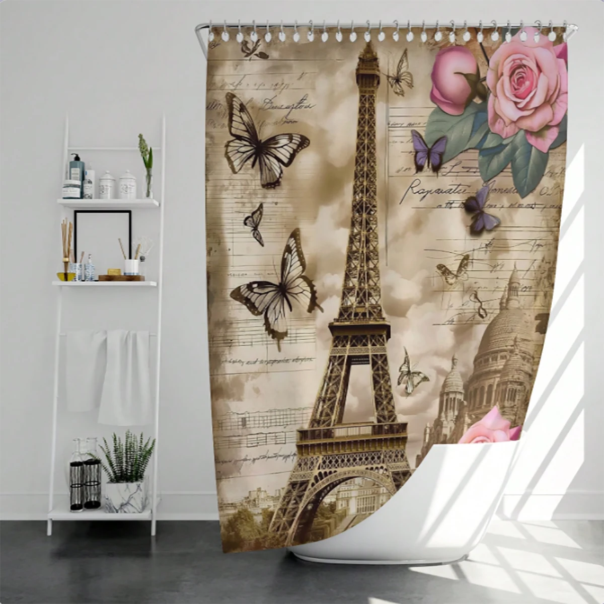 1 pc Eiffel Tower patterned polyester shower curtain waterproof fabric, thickened mildew resistant partition curtain, bathro