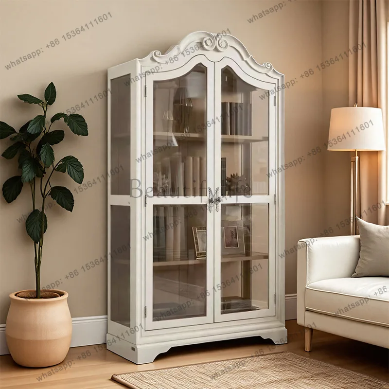 

French retro solid wood wine cabinet European neoclassical living room carved storage bookcase