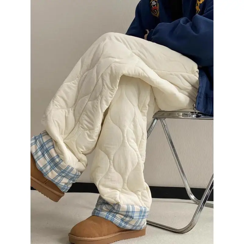 Women Winter Quilted Wide Leg Pants Drawstring Waist Plaid Cuff Warm Baggy Casual Trousers