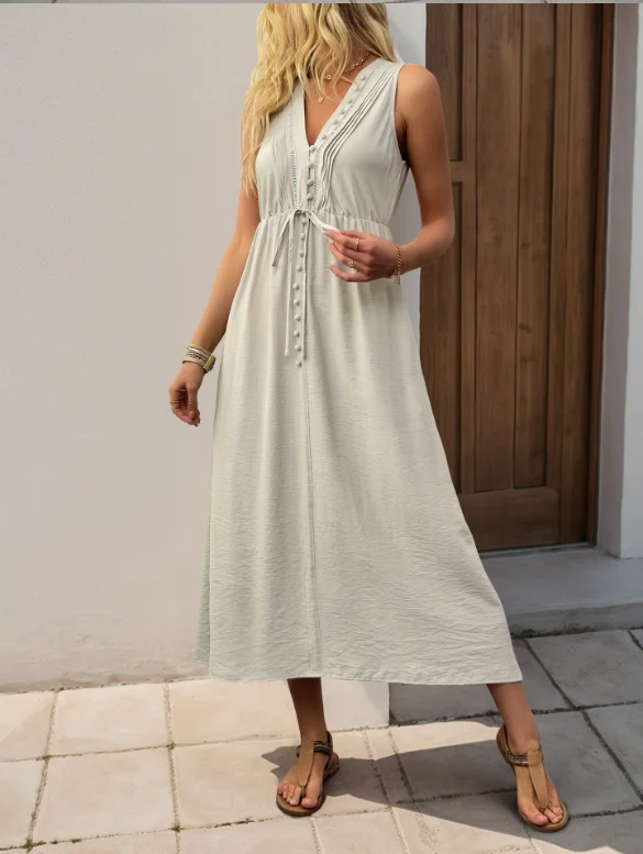 Summer Dress Woman 2025 Sleeveless O Neck Solid Color V-Neck French Dresses for Summer Women Elegant Solid Color A-Line Dress