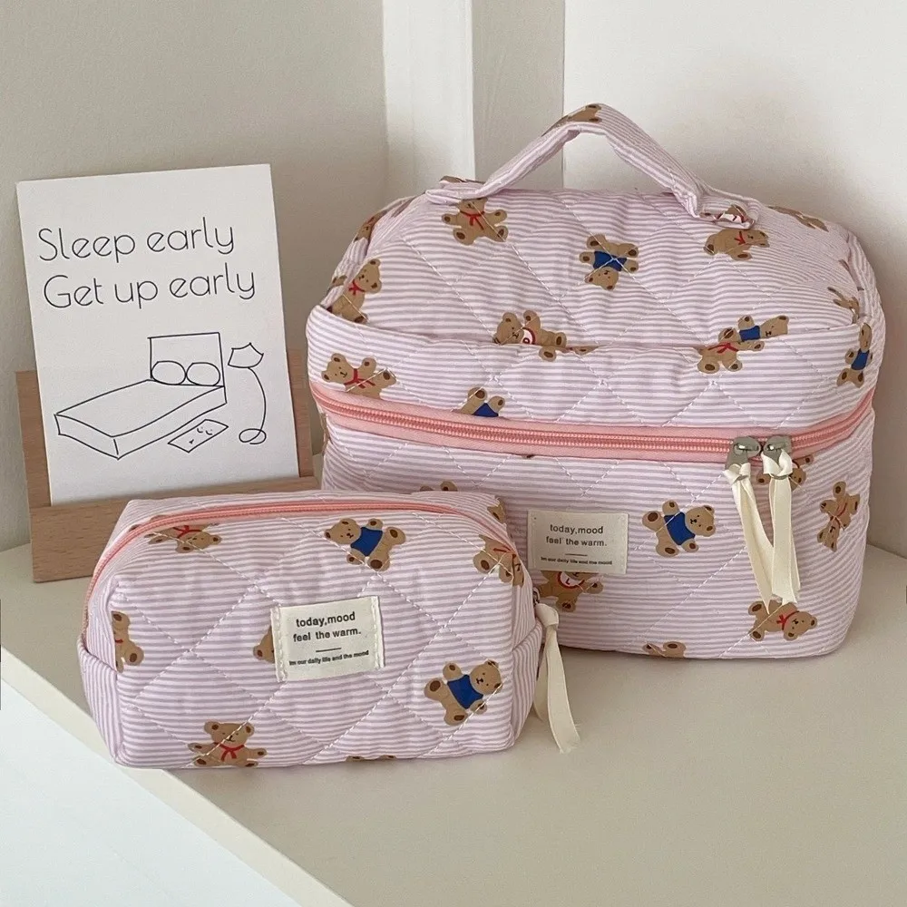 3PCS Multi-Layer Quilted Cotton Makeup Bag Large Capacity Soft Toiletry Pouch Zipper Portable Cartoon Cosmetic Organizer Daily