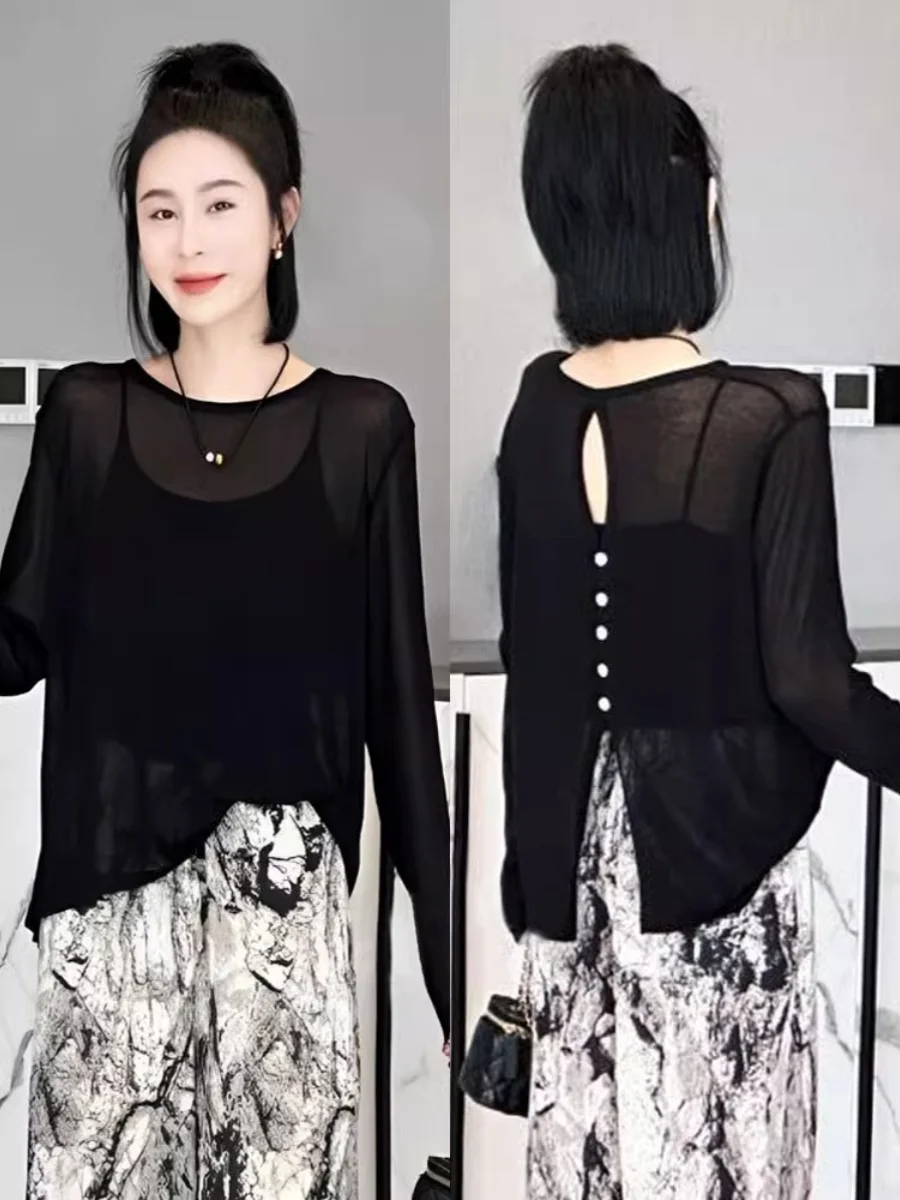 Thin Ice Silk Long Sleeve T-Shirt Women's Summer New Back Hollow out Top Black Sunshade Cover up Korean Style Loose Fit