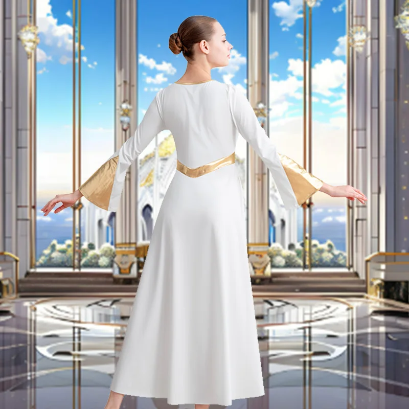 Robe de danse moderne à manches longues pour femmes, coupe ample, pleine longueur, pour la culte des adultes, Costume métallique liturgique, robe de danse