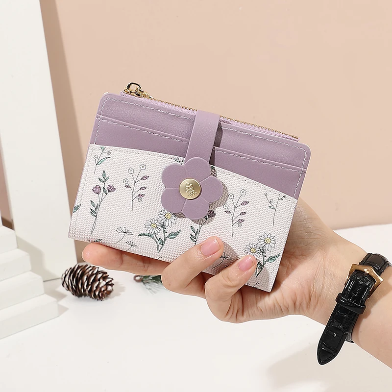 2026 Spring New Printed Buckle Foldable Short Wallet Student Zipper Women's Coin Purse ID Card Bank Card Holder Travel Convenien