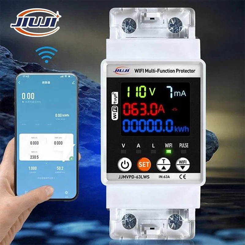 JIUJI JJMVPD-63LWS 110V 63A 2P Din Rail Digital WiFi Protector Earth Leakage Overvoltage Undervoltage Auto Reset Power Meter