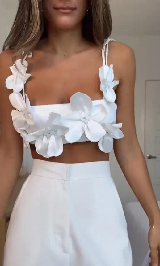 con flores en 3d para mujer, Top corto blanco ajustado con Espalda descubierta, trajes elegantes para fiesta y vacaciones, 2024