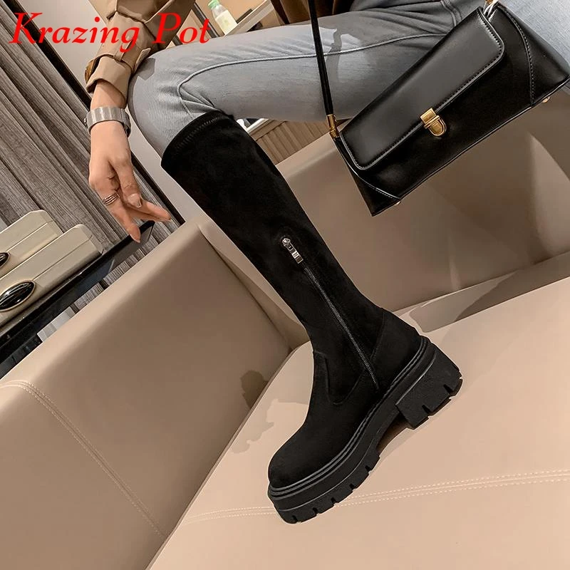 

Krazing Pot Flock Round Toe Thick Bottom Platform Boots Winter Keep Warm Zipper Punk Design Cozy Casual Fashion Thigh High Boots