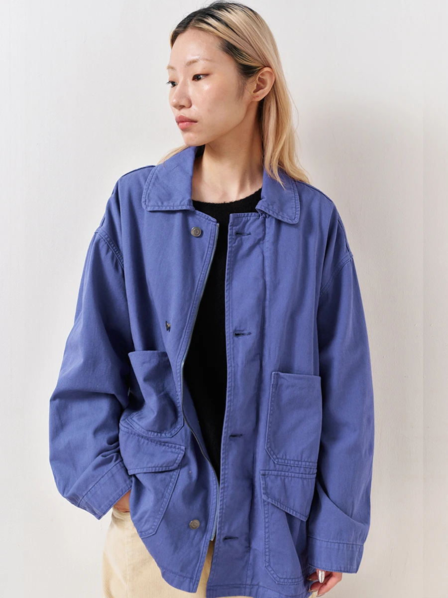 

Французская рабочая одежда: синяя рабочая куртка из высокоплотного хлопка, окрашенная растительными красителями, ультратонкий твил, женское пальто прямого кроя с длинными рукавами