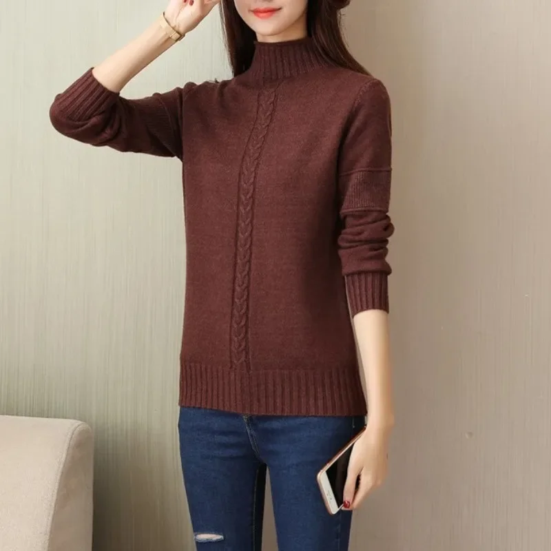 Autumn and Winter Women's High Neck Pullover Solid Screw Thread Loose Fit Sweater Knit Fashion Casual Commuter Tops