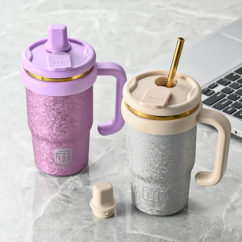 600ml Stainless Steel Thermos Cup With Straw And Handle,Titanium-plated Inner Liner ,2 Drinking Ports,Portable Car Water Bottle
