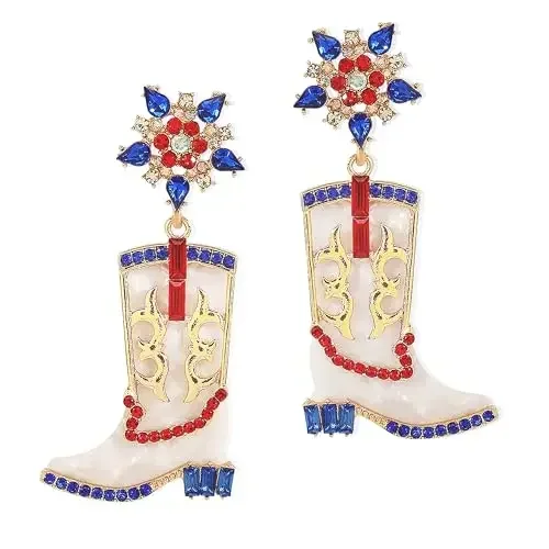 Vintage Red White Blue Rhine Boots Stone Dangle Earrings Metallic Diamond Studded Flower Drop Earrings for for Women Gifts