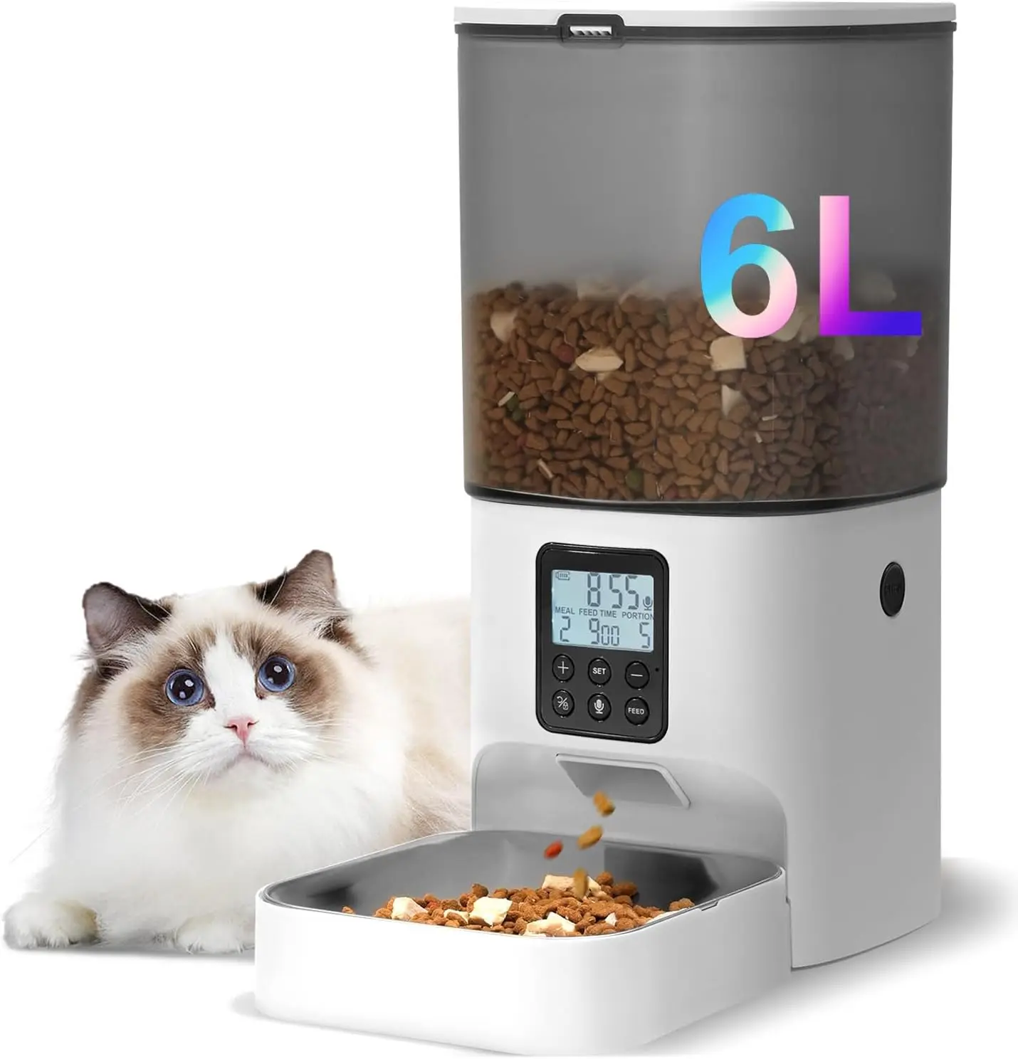 

Автоматическая кормушка для кошек с голосовым рекордером, объем 6 л, на 8 ежедневных порций, герметичное кольцо для сухого корма, цвет нефритовый белый