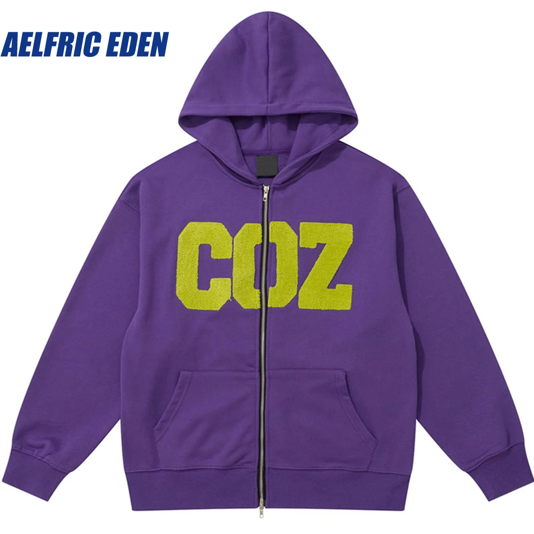 Aelfric Eden Embroidery Letter Zip Hoodie Harajuku Two Way Zipper Hoodie Coat Y2K Hip Hop Sweatshirt Streetwear Men Loose Jacket