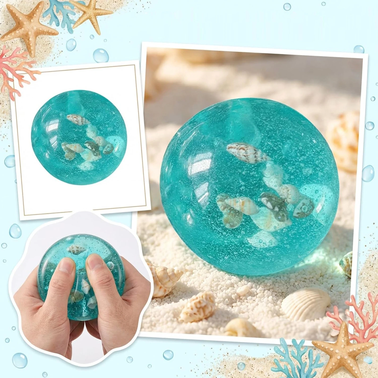 

GB Squishies Soft TPR Sensory Toy with Seashells Inside Portable Squeeze Ball Birthday Party Favors Gifts for Kids and Adults