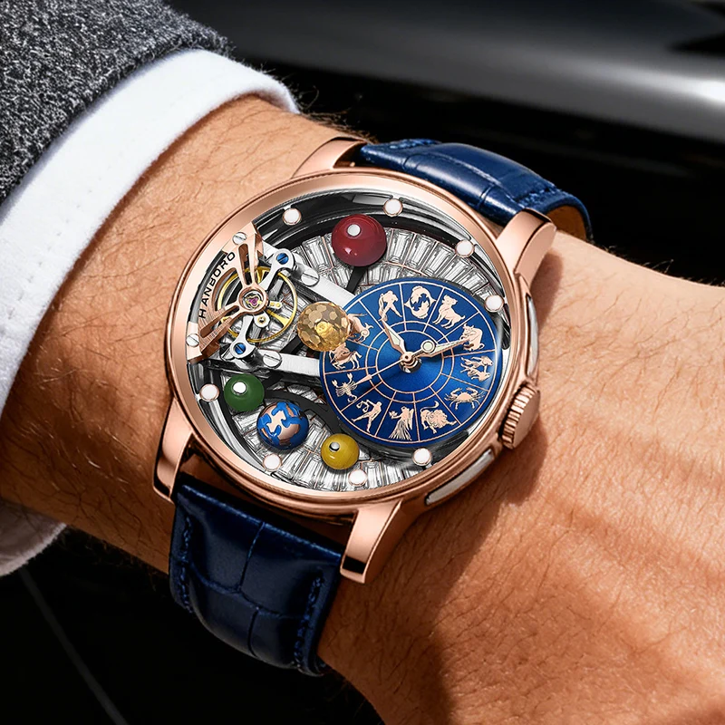 HANBORO Men Automatic Watch 43.5mm Mechanical Wristwatch 5ATM Rotatable Backgroud Luminous Constellation Dial Floating Globe