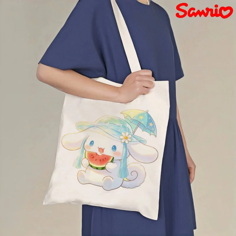 

1 шт. Милая сумка-тоут из холщовой ткани с принтом Cinnamoroll и фруктовым дизайном, многоразовая, для студентов, на каждый день, летний дизайн