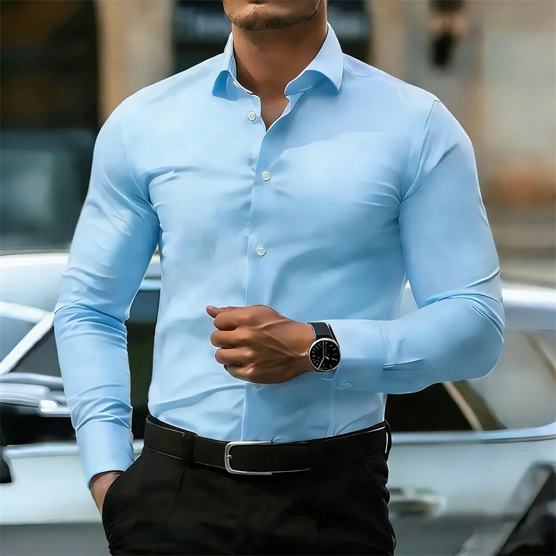 Men's light blue long-sleeved shirt, solid color shirt, business/office casual men's top, comfortable fabric, sizes XS-6XL.