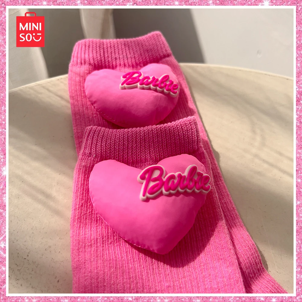 Miniso Barbie Pink Heart 3D Filled Cotton Knitted All Seasons Socks Kawaii Colorful Mid-Calf Socks Girls Birthday Gift