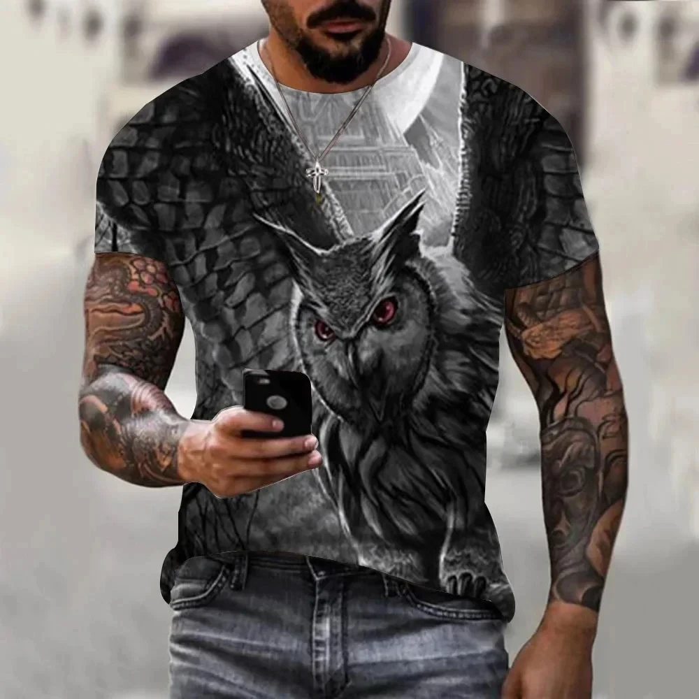 Animal 3D Printed T-shirt Black Owl Pattern Men's Street Style Round Neck T-shirt Large Size Trendy Harajuku Short Sleeve Top