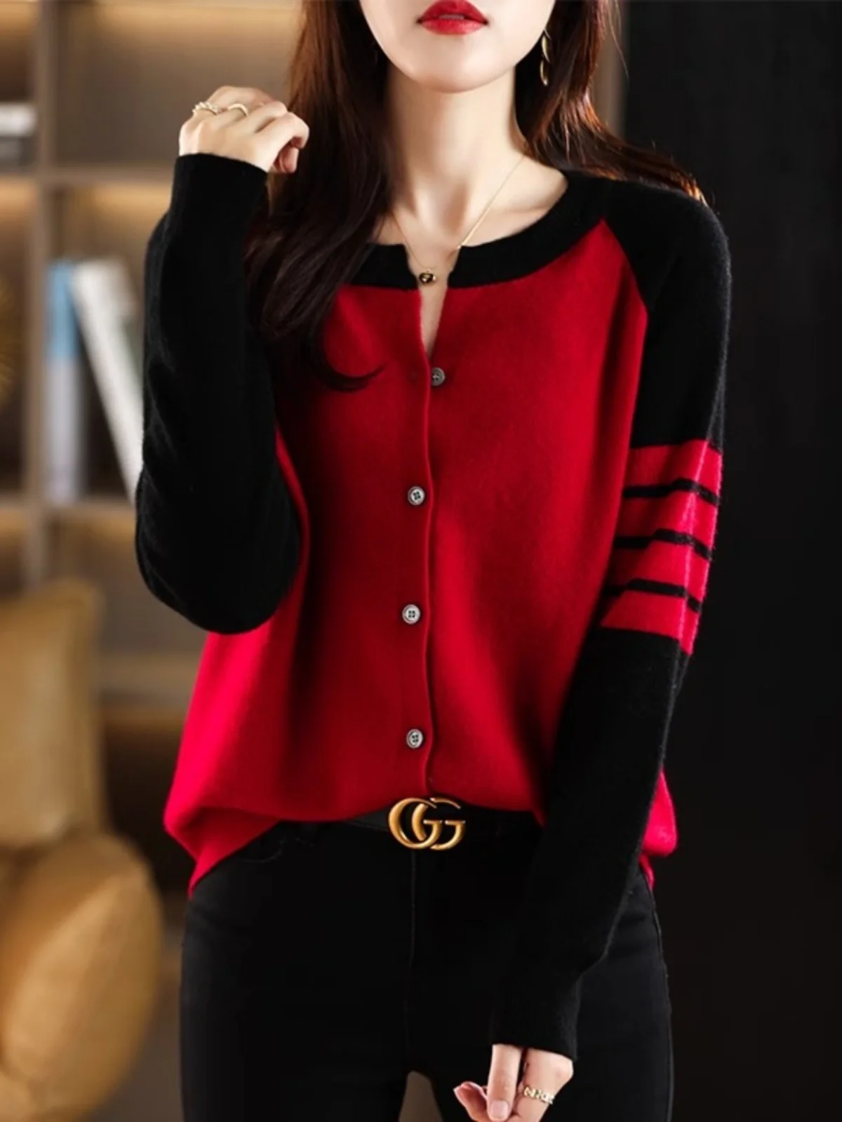 

Women's Open Cardigan Sweater Knitted Wool Loose Large Size Outerwear round Ne Color Blo Early Autumn Red Korean Sle