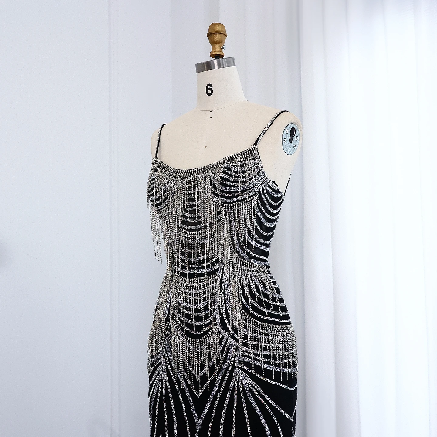 Sharon Said Luxuriöses Champagner-Abendkleid mit Spaghettiträgern, Perlenbesetztes Meerjungfrauenkleid, bodenlang, für formelle Anlässe und Partys, SS029, maßgeschneidert – Detail 13
