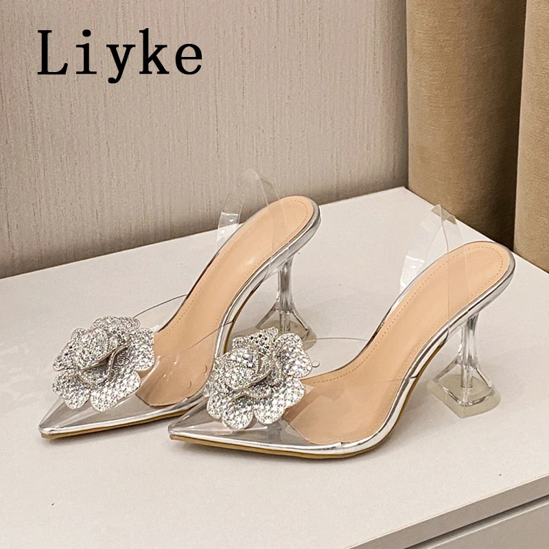 

Liyke модные женские туфли-лодочки со стразами и цветами, элегантные прозрачные туфли на высоком каблуке с острым носком, свадебные банкетные туфли, прозрачные сандалии из ПВХ
