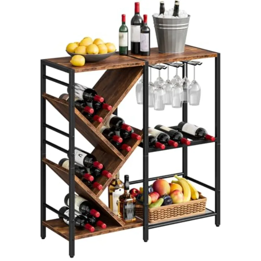 Freestanding Floor Wine Rack with Glass Holder Mini Bar Table with Staggered Liquor Bottle Display Shelf 3-Tier Liquor Stand wi
