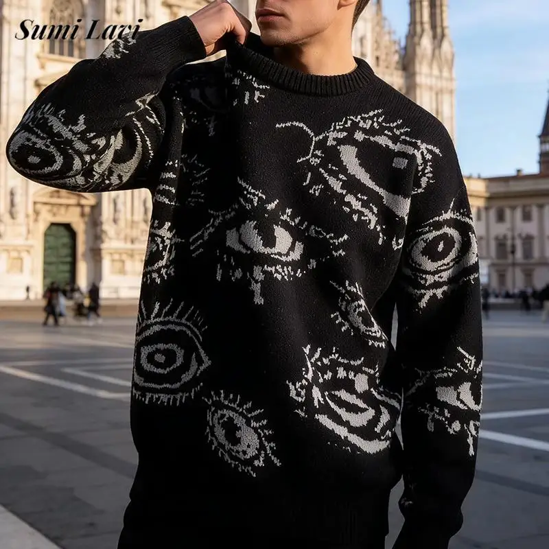 

Stylish Mens Knitted Pullover Tops 2026 Spring Casual O Neck Long Sleeve Sweaters Men Vintage Pattern Crochet Knit Pullover Tops