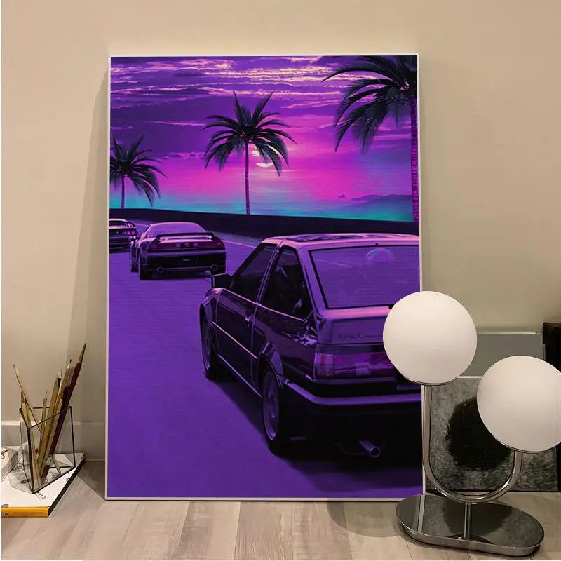 Tokyo Street Racing Synthwave Neon 80S Anime Posters Kraft Paper Prints and Posters Stickers Wall Painting