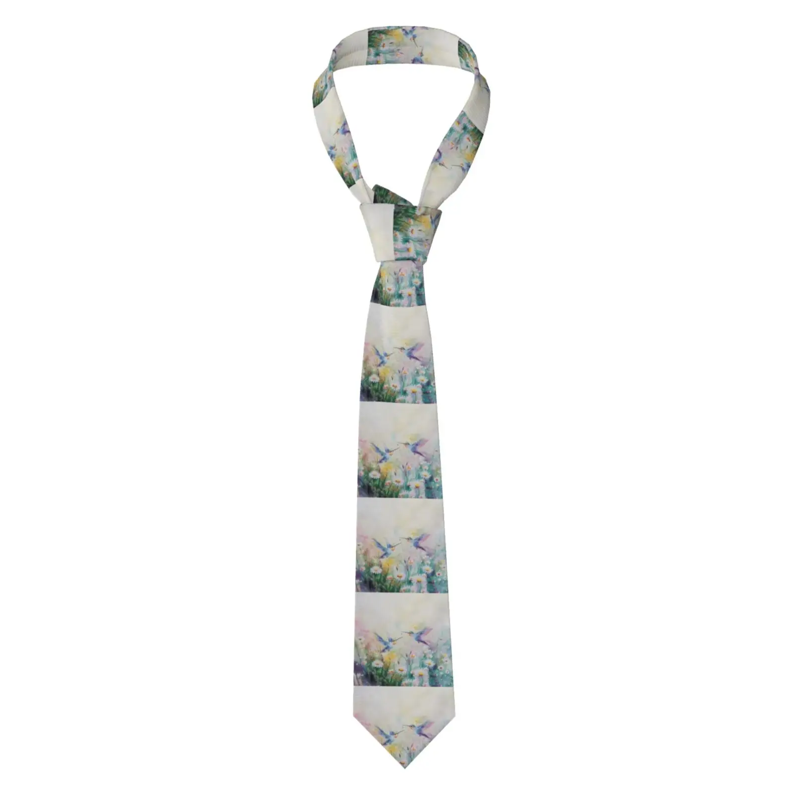 Watercolor Hummingbird Floral Print Men Necktie Retro Bird Flower Pattern Formal Business Tie Suit Accessory for Gentleman