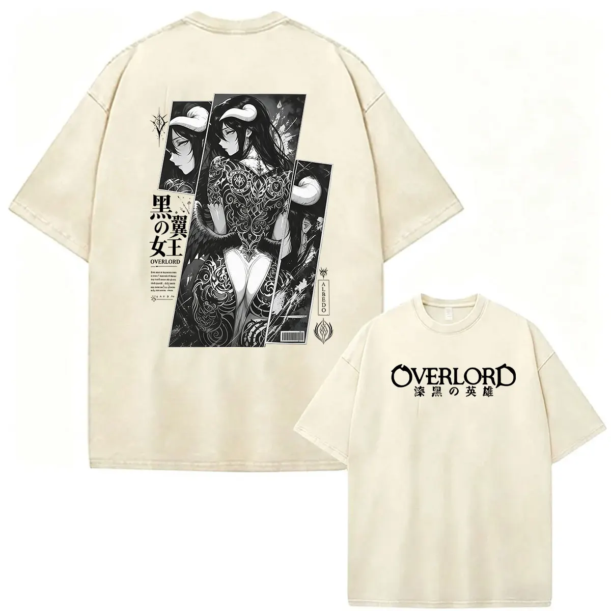Japanisches Anime Albedo Overlord Vintage Washed T-Shirt für Männer und Frauen, Harajuku Oversized Baumwoll-T-Shirt, Modische Manga-Kleidung – Detail 4